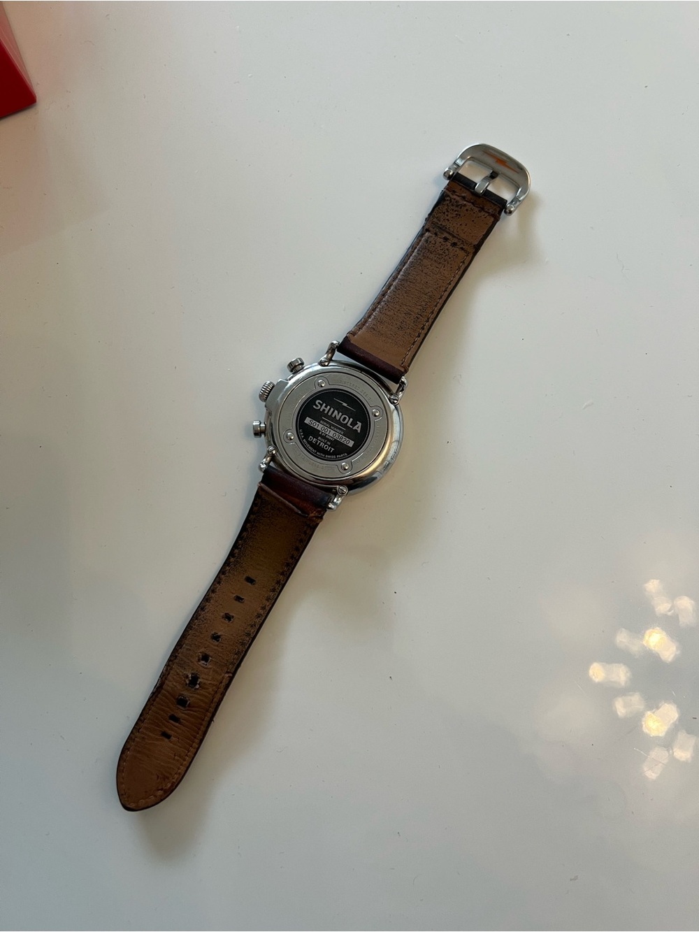 Shinola Silver Case Watch with Brown Leather Strap